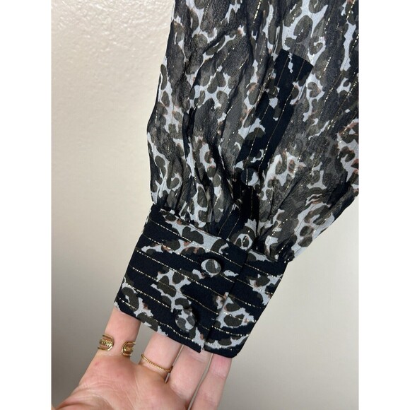 Marie Oliver S Lauren Blouse Button Down Bow Tie Neck 100% Silk Animal Print - Picture 4 of 7